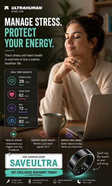 A split-view creative combining an aspirational lifestyle shot with a clear, data-heavy dashboard to highlight the wearable's health monitoring benefits.